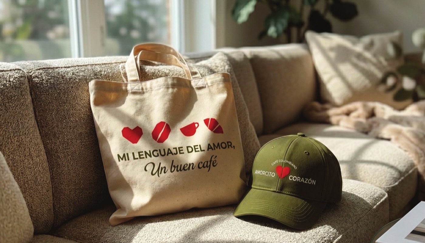 Tote bag y gorra de Amorcito Corazón café colombiano